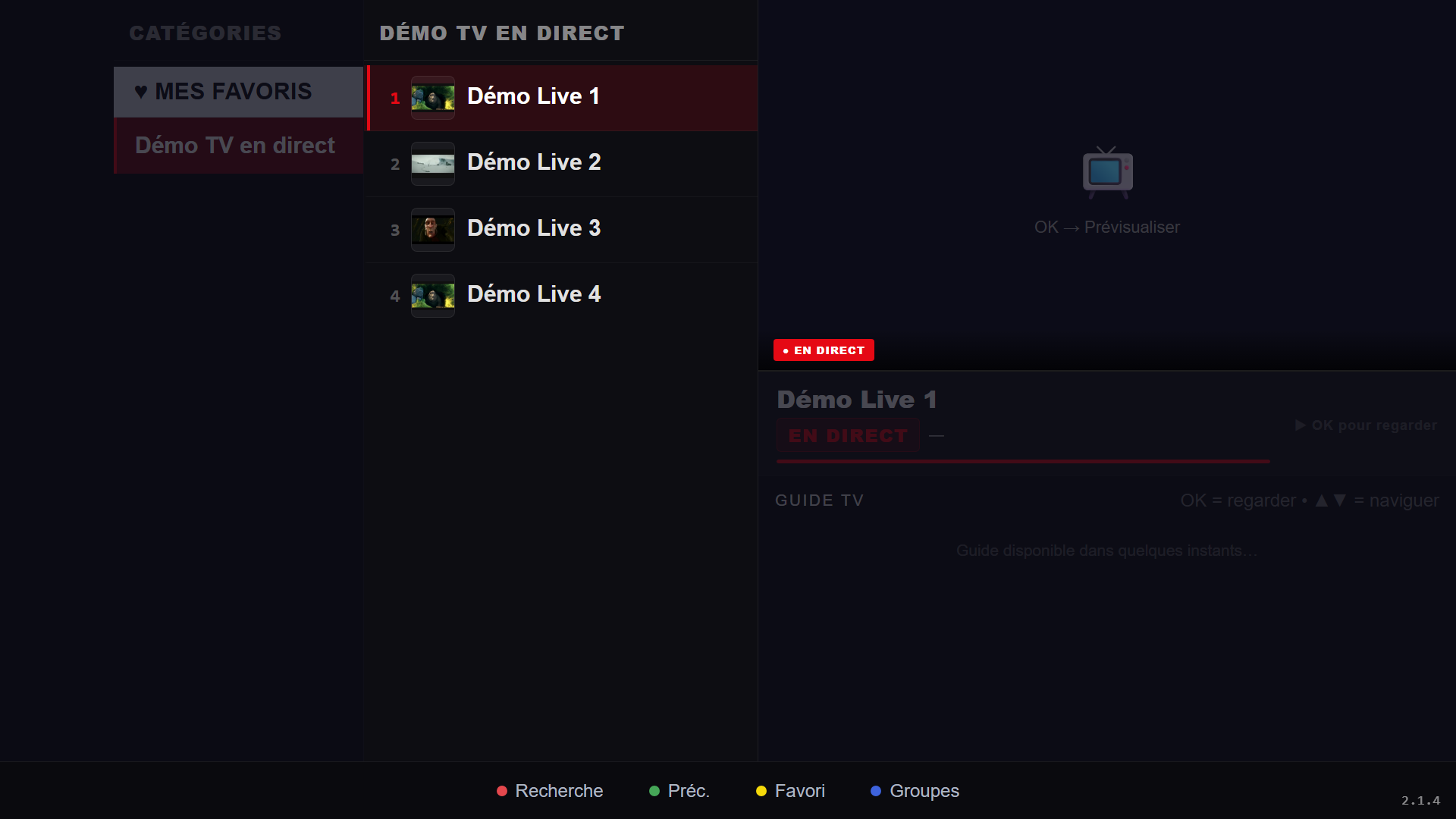 Section Direct de RSKTV Player Pro : colonne des catégories à gauche, liste des chaînes numérotées avec leur logo au centre, panneau de prévisualisation et guide à droite, barre des touches de couleur en bas.