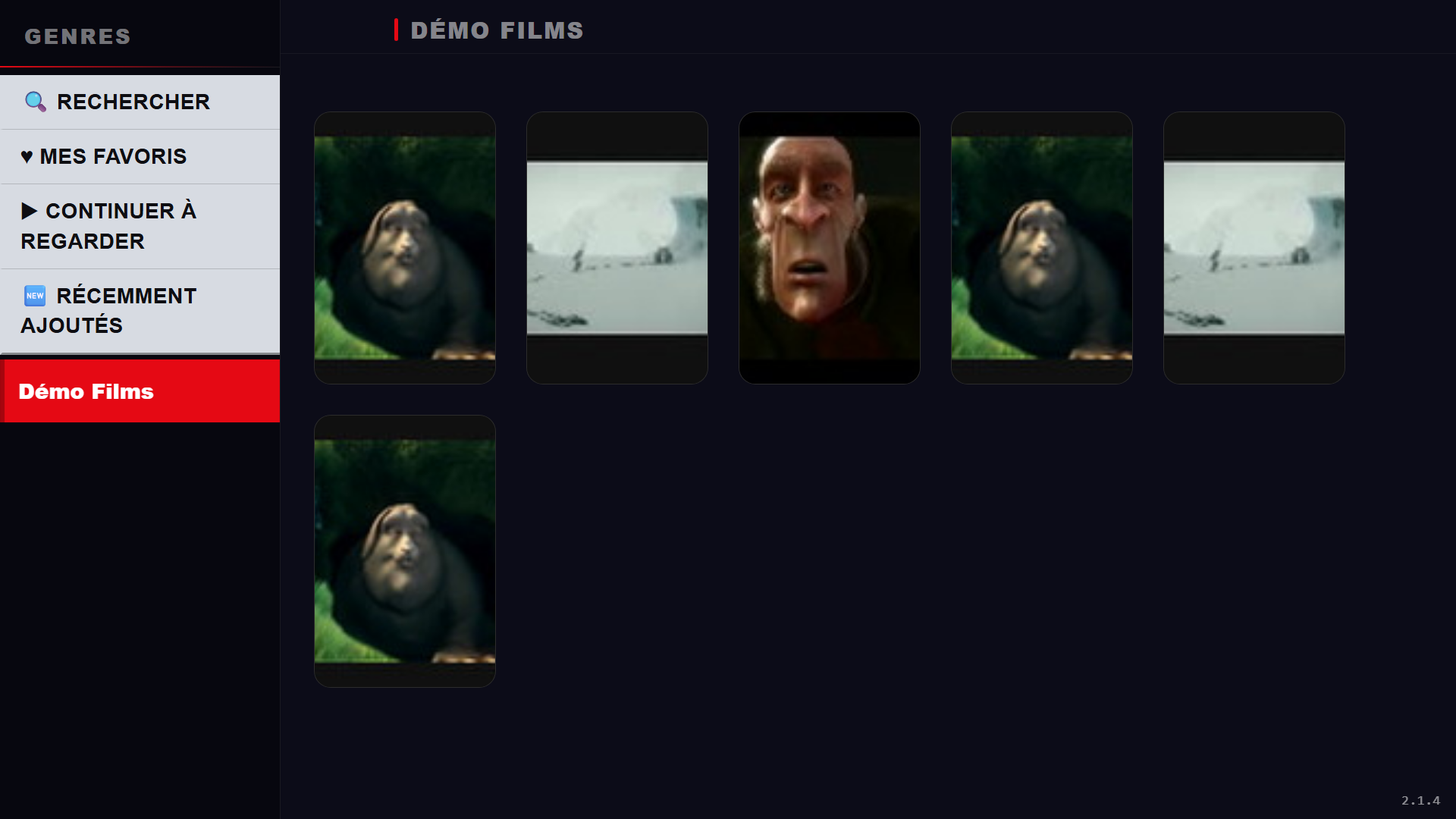 Vidéothèque de RSKTV Player Pro : colonne des genres à gauche avec Rechercher, Mes favoris, Continuer à regarder et Récemment ajoutés, grille d’affiches de films à droite.