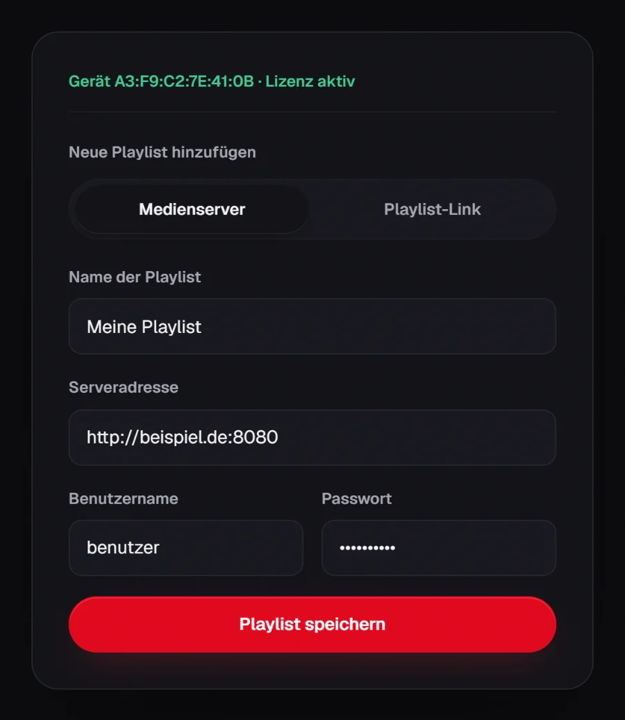 Das Formular „Meine Playlist“ auf der RSKTV-Website: zwei Registerkarten, „Medienserver“ (Playlist-Name, Serveradresse, Benutzername und Passwort) und „Playlist-Link“ (M3U: ein einziger Link), darunter die Schaltfläche „Playlist speichern“.