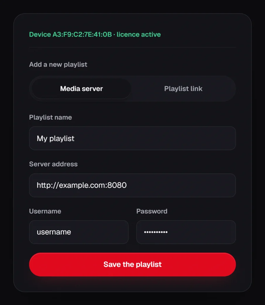 The “My playlist” form on the RSKTV site: two tabs, “Media server” and “Playlist link” (M3U: a single link), then the Save playlist button.
