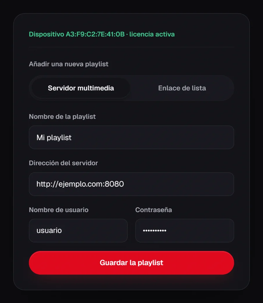El formulario «Mi lista de reproducción» del sitio de RSKTV: dos pestañas, «Servidor multimedia» (nombre de la lista, dirección del servidor, nombre de usuario y contraseña) y «Enlace de lista» (M3U: un único enlace), y después el botón Guardar lista de reproducción.