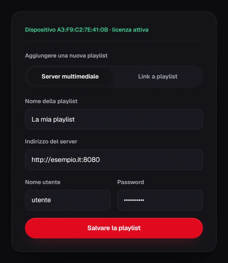 Il modulo “La mia playlist” sul sito RSKTV: due schede, “Server multimediale” (nome della playlist, indirizzo del server, nome utente e password) e “Link della playlist” (M3U: un solo link), poi il pulsante Salva playlist.