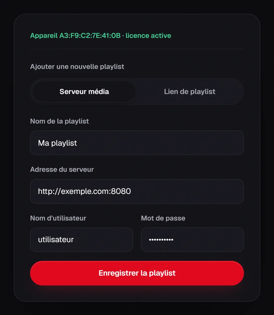 Formulaire « Ma playlist » du site RSKTV : deux onglets, « Serveur média » et « Lien de playlist » (M3U : un simple lien), puis le bouton Enregistrer la playlist.