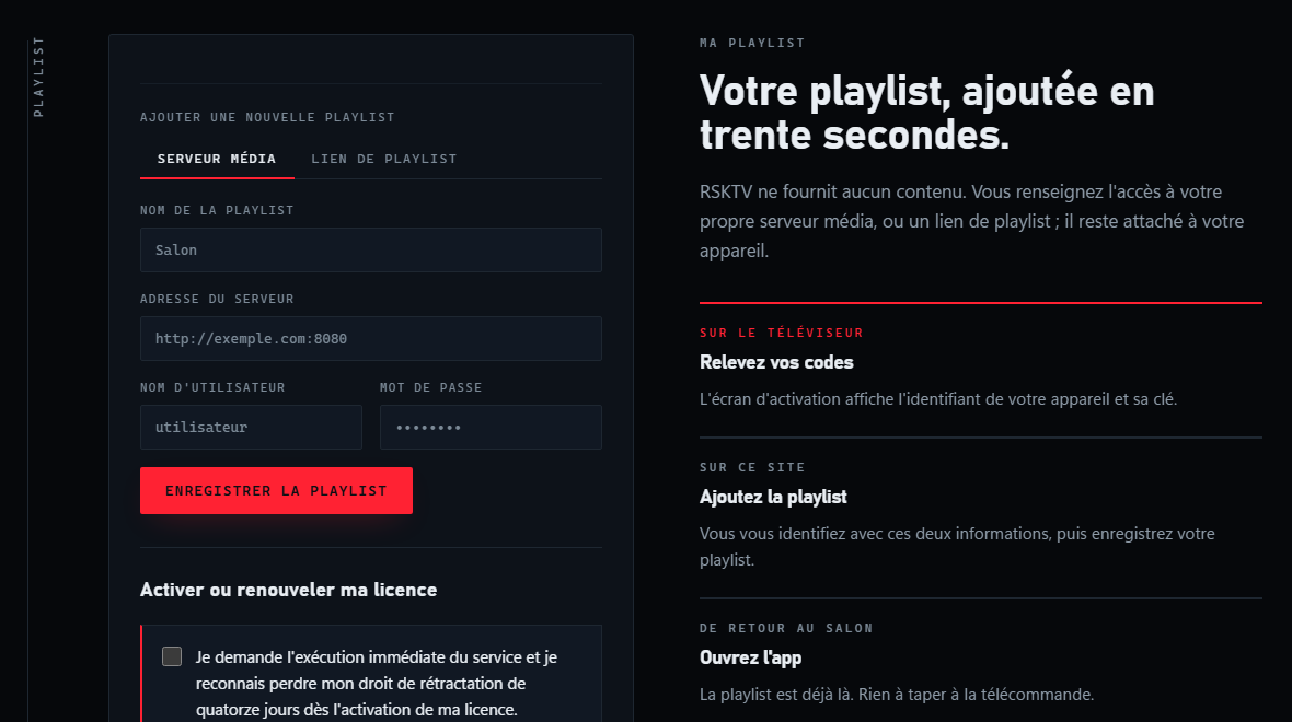 Formulaire « Ma playlist » du site RSKTV : deux onglets côte à côte, Xtream avec adresse de serveur, nom d’utilisateur et mot de passe, et M3U avec un simple champ de lien.