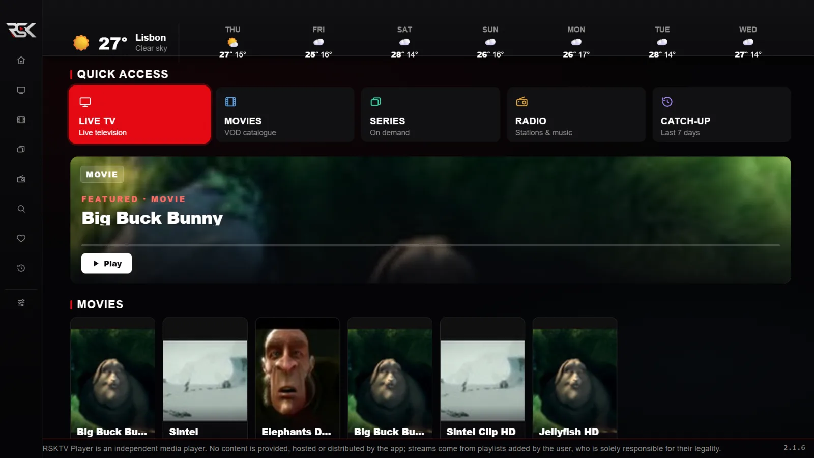 Startseite: Schnellzugriff, Live-TV und letzten Film fortsetzen, eine Reihe Filme.