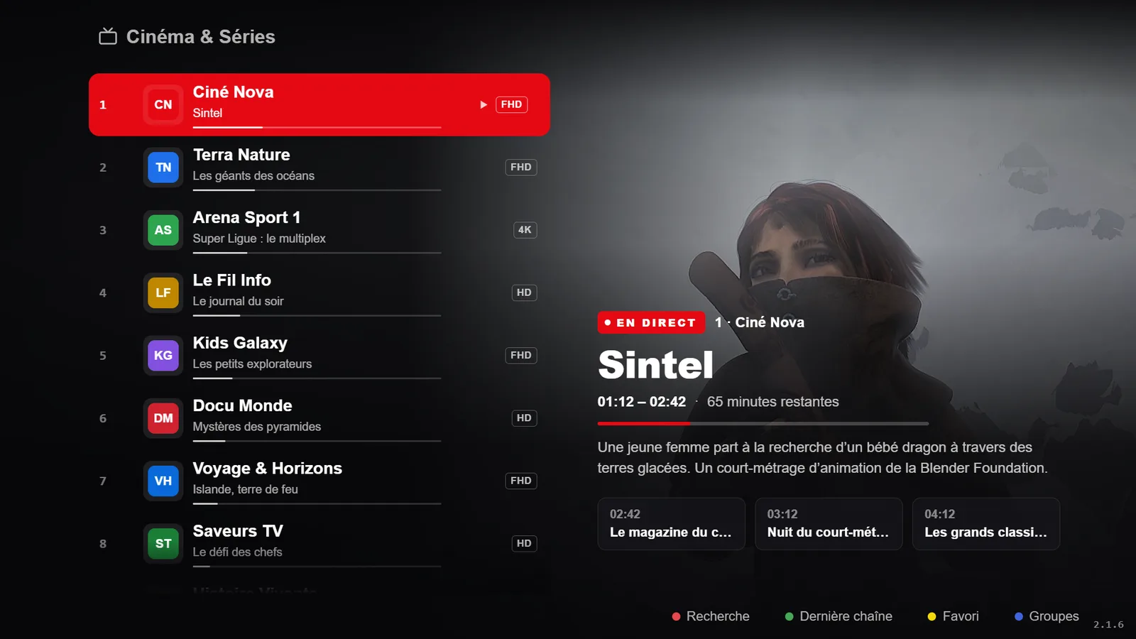 Écran Direct de RSKTV Player Pro : la liste des chaînes à gauche, le programme en cours en grand sur la vidéo, ses horaires et les programmes suivants.